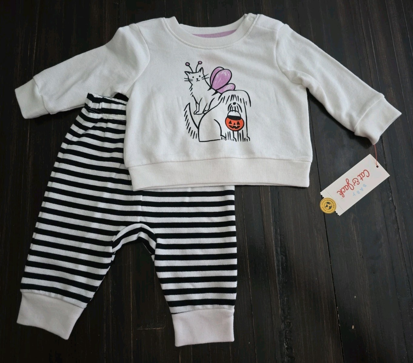 Cat & Jack 3/6M Halloween 2pc Outfit Puppy & Kitty Sweatshirt & Pants Set NWT