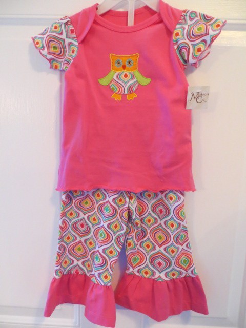 NEW MAISON CHIC BABY TODDLER GIRL EMBROIDERED OWL TOP FLARED PANTS OUTFIT 12M