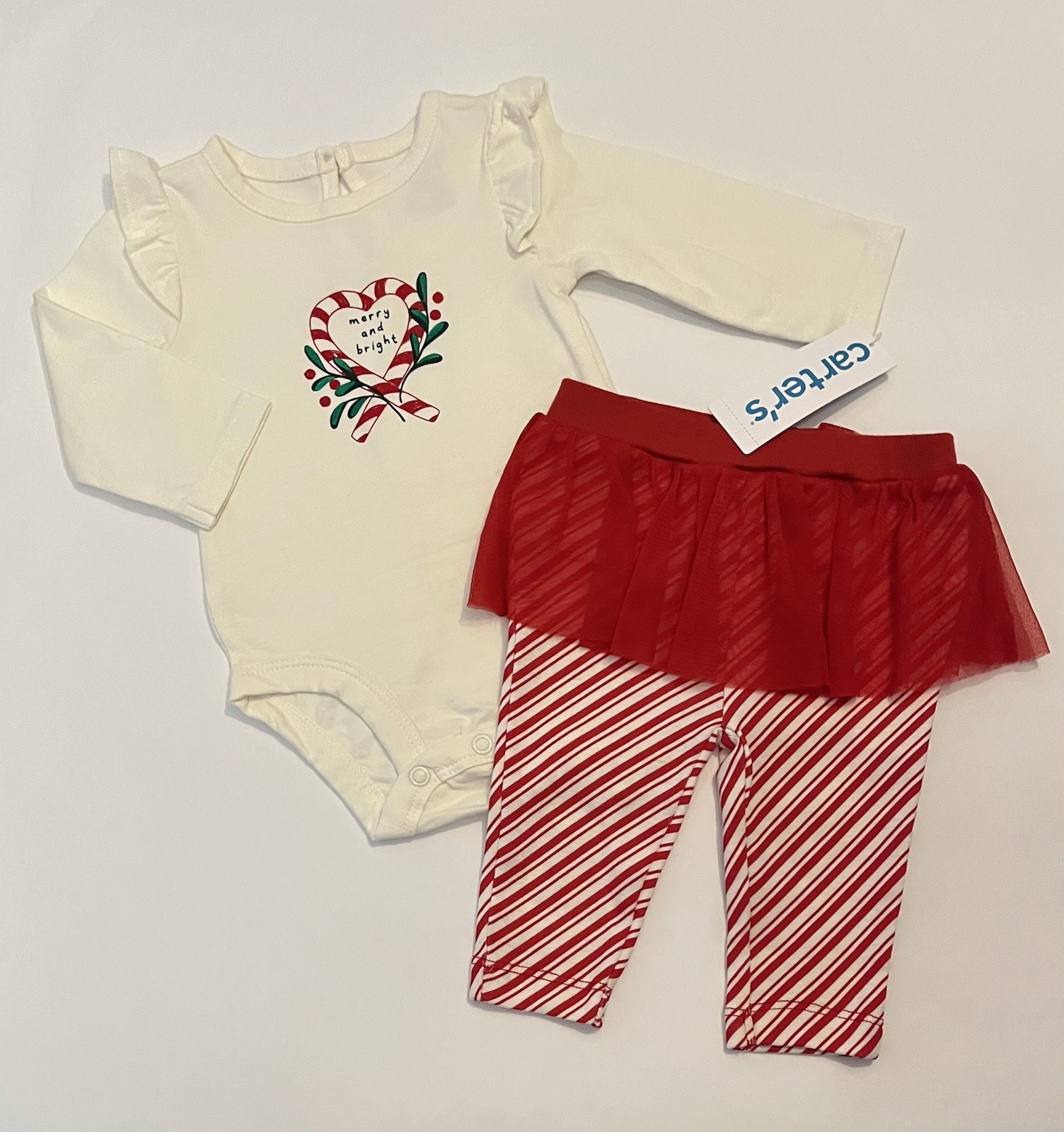 Carters Baby Girl Christmas 3 Months Pants Tutu Bodysuit 2 PC Set Candy Cane New