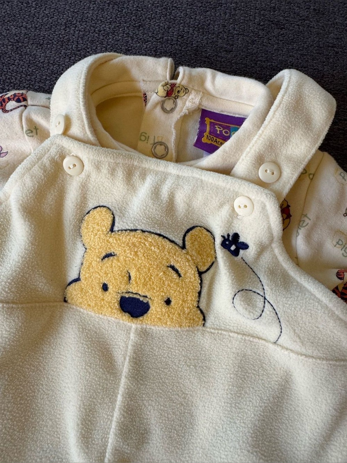 Y2K Disney Pooh 100 Acre Collection Yellow Winnie Pooh Fleece Overalls Baby 6M