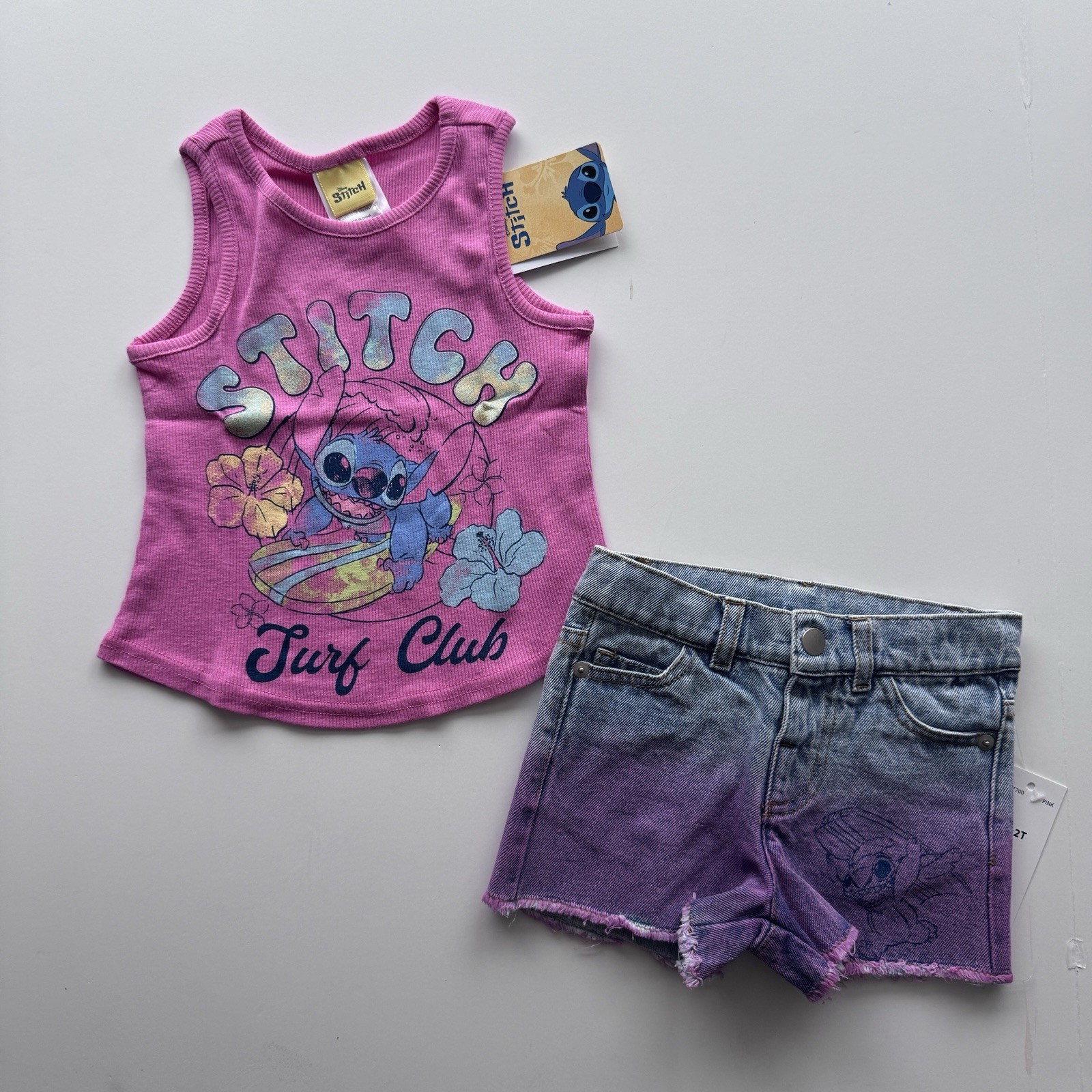 Disney Stitch Toddler Girls 2-Piece Shorts Outfit Pink/Denim Size 2T NWT NEW