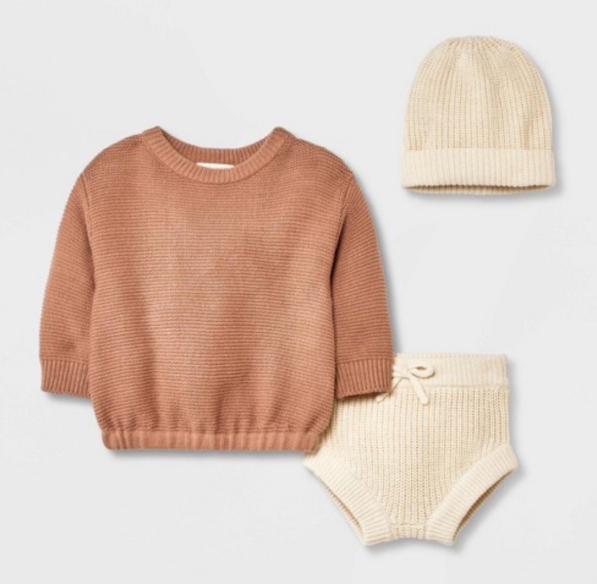 Grayson Collective Baby Beanie & Sweater Set, Cream/Brown, 0-3M