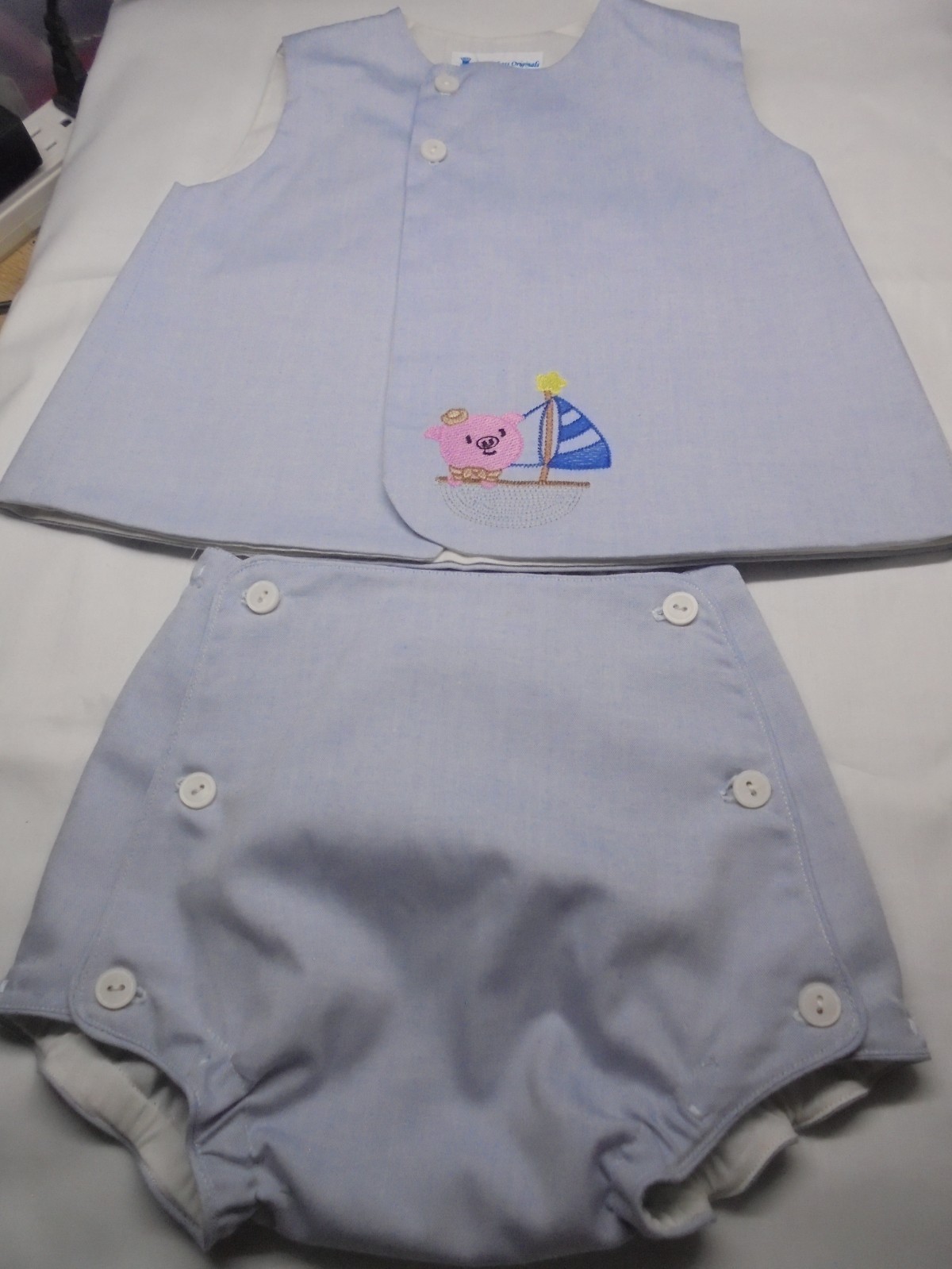 6 Month /15-18 lb.-Baby Outfit-Embroidered “Piggy w/ Sail Boat” Top/Diaper Cover