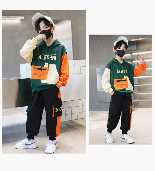 2PCs Children Clothing Fashion Patchwork Hooded Letters Print Sportswear Outfits
