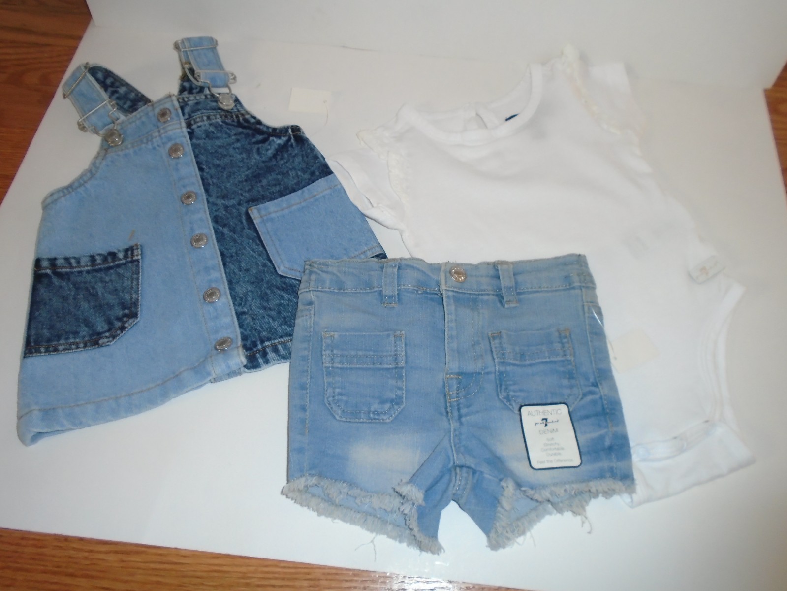 7 For All Mankind Denim Romper, Button Fly Shorts & Top SZ 12 Mos. New With Tags