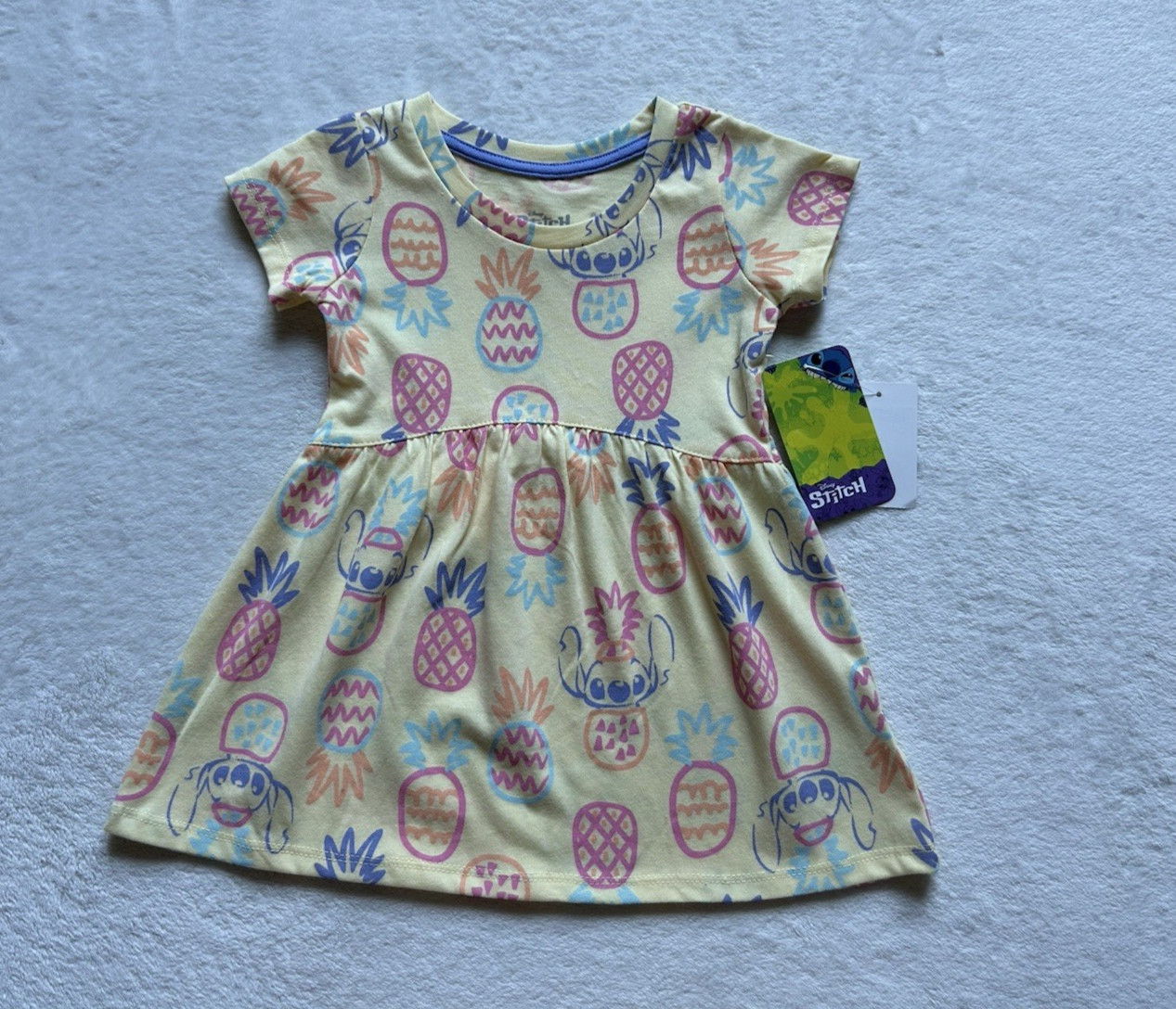 Disney Stitch Baby Girls Yellow Soft Pineapple All Over Print Dress Size 12M NWT