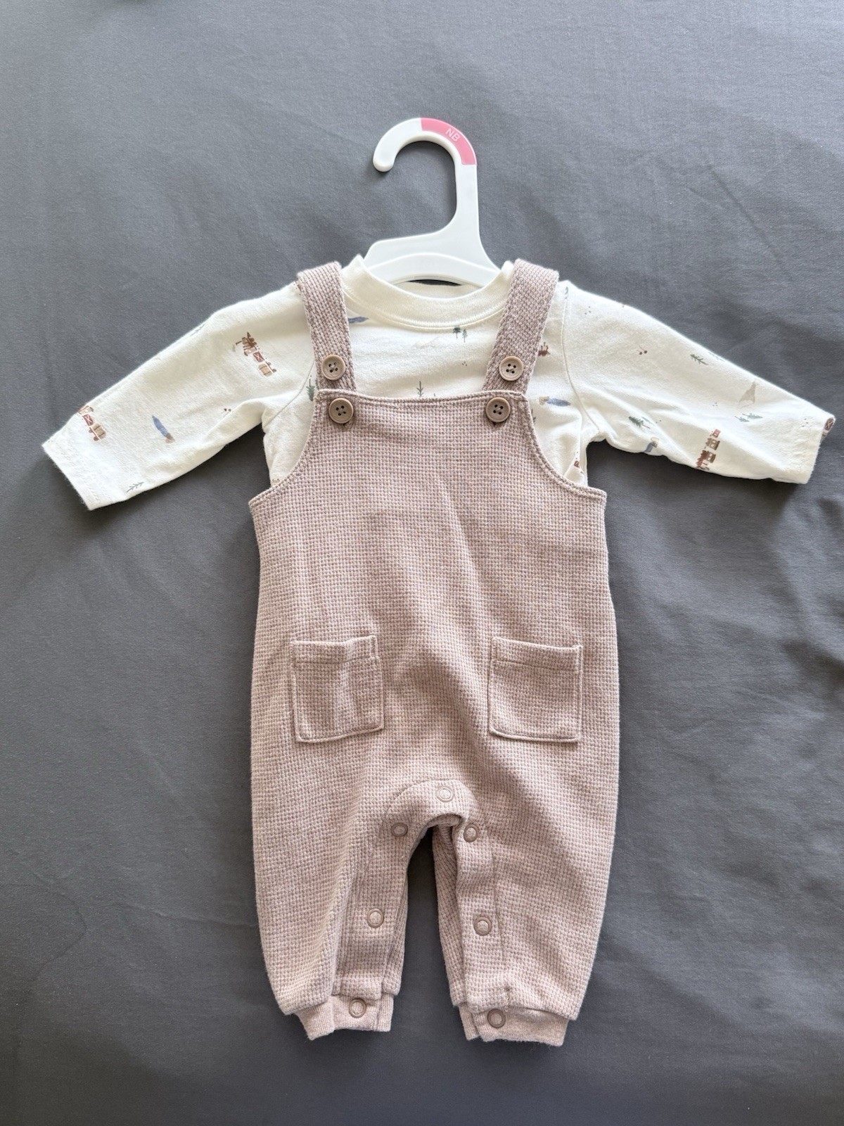 Beige Overall & Printed Shirt Set Novelty Print Nature Theme NB