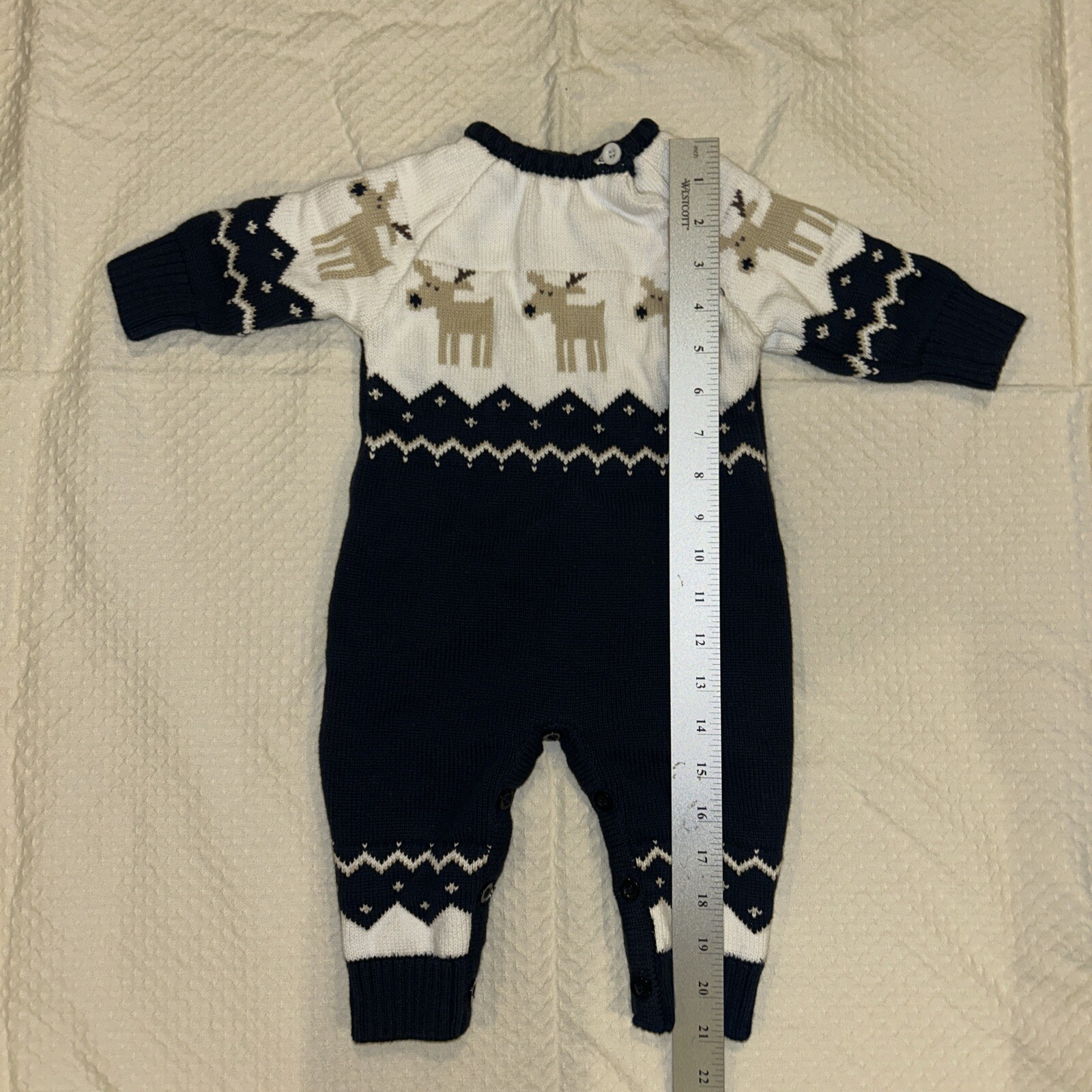 Zoerea Baby One Piece Navy Beige White With Reindeer Sweater Knit Jumper