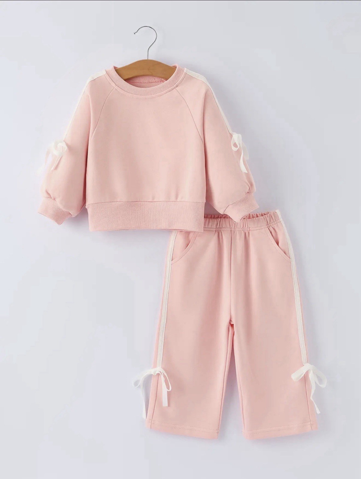 NWT Girls 24 Months Pink White Solid Sweatshirt & Pants Set 2pc Bow