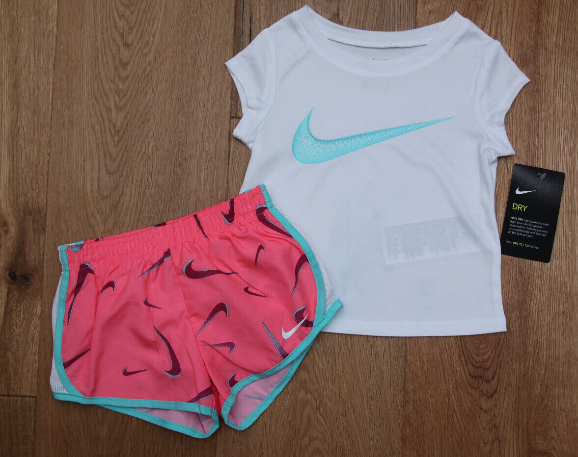 Nike Girl Shirt & Shorts Set ~ Coral, White & Mint Green ~ DRI-FIT
