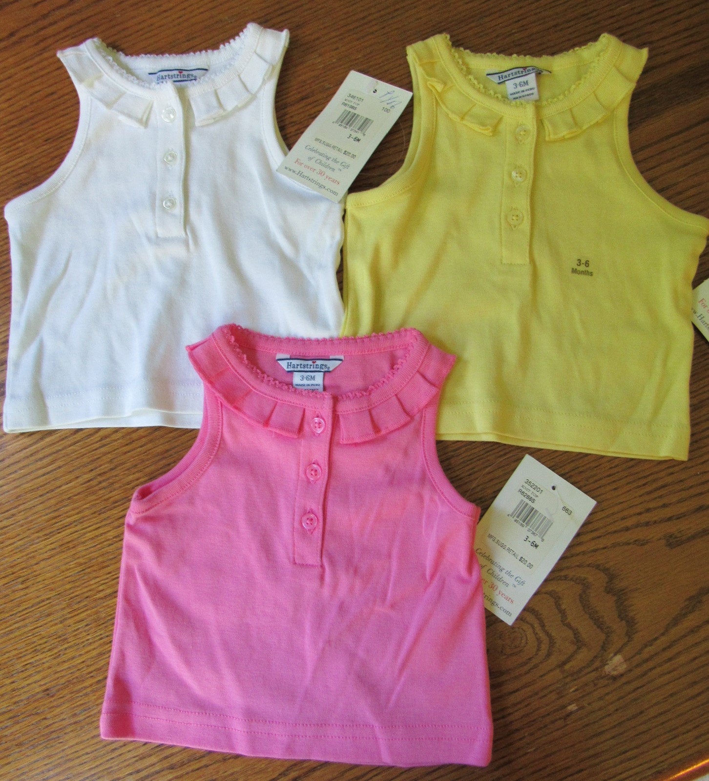 NWT Set of 3 HARTSTRINGS Pink Yellow White Sleeveless Cotton Ruffle SHIRTS 3-6 m