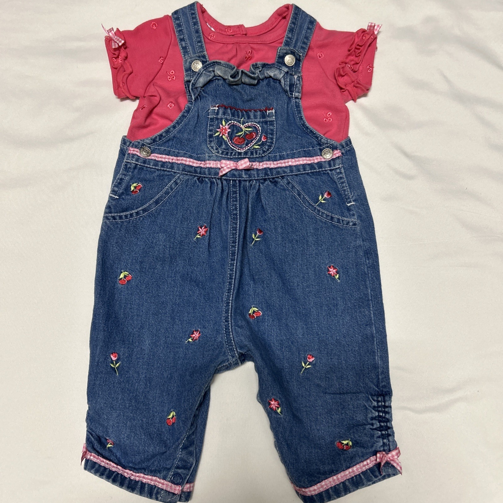 Nannette 6–9M Embroidered Overalls & Top Set Cherries Flowers Pink Plaid