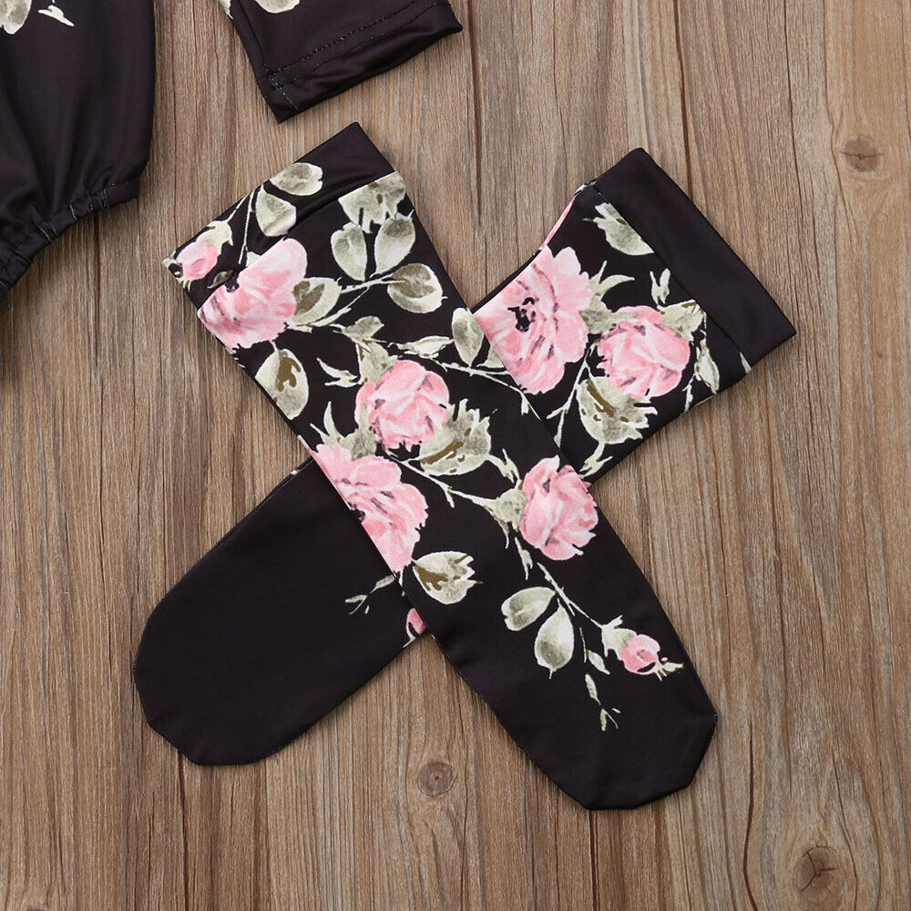 3Pcs Newborn Baby Girls Flower Printing Romper + Leg Warmers Outfits Clothes