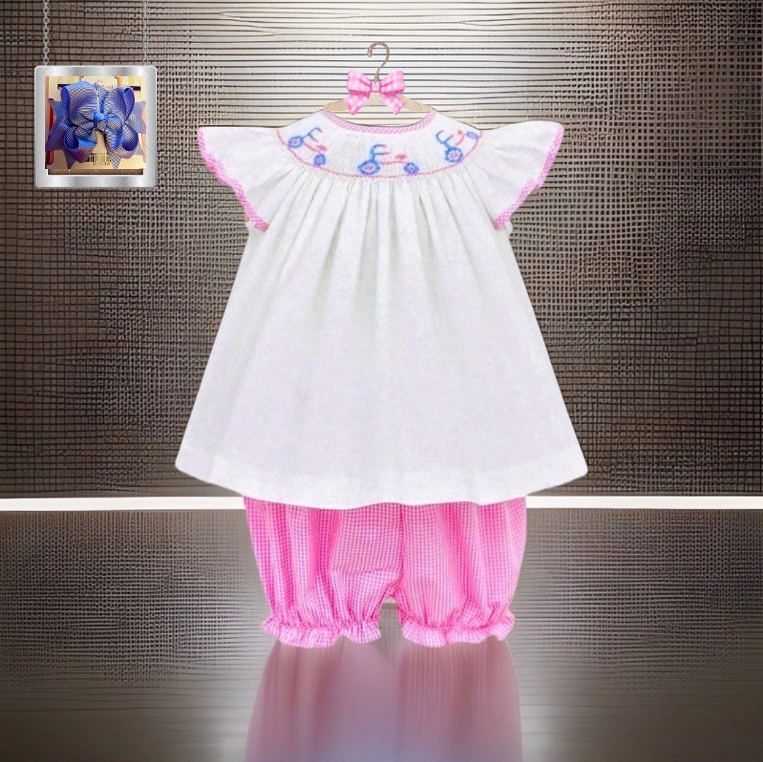 Girls NWT Anavini Smocked Shorts Set Dress Shirt 2 Pc Free Bow 12 Months