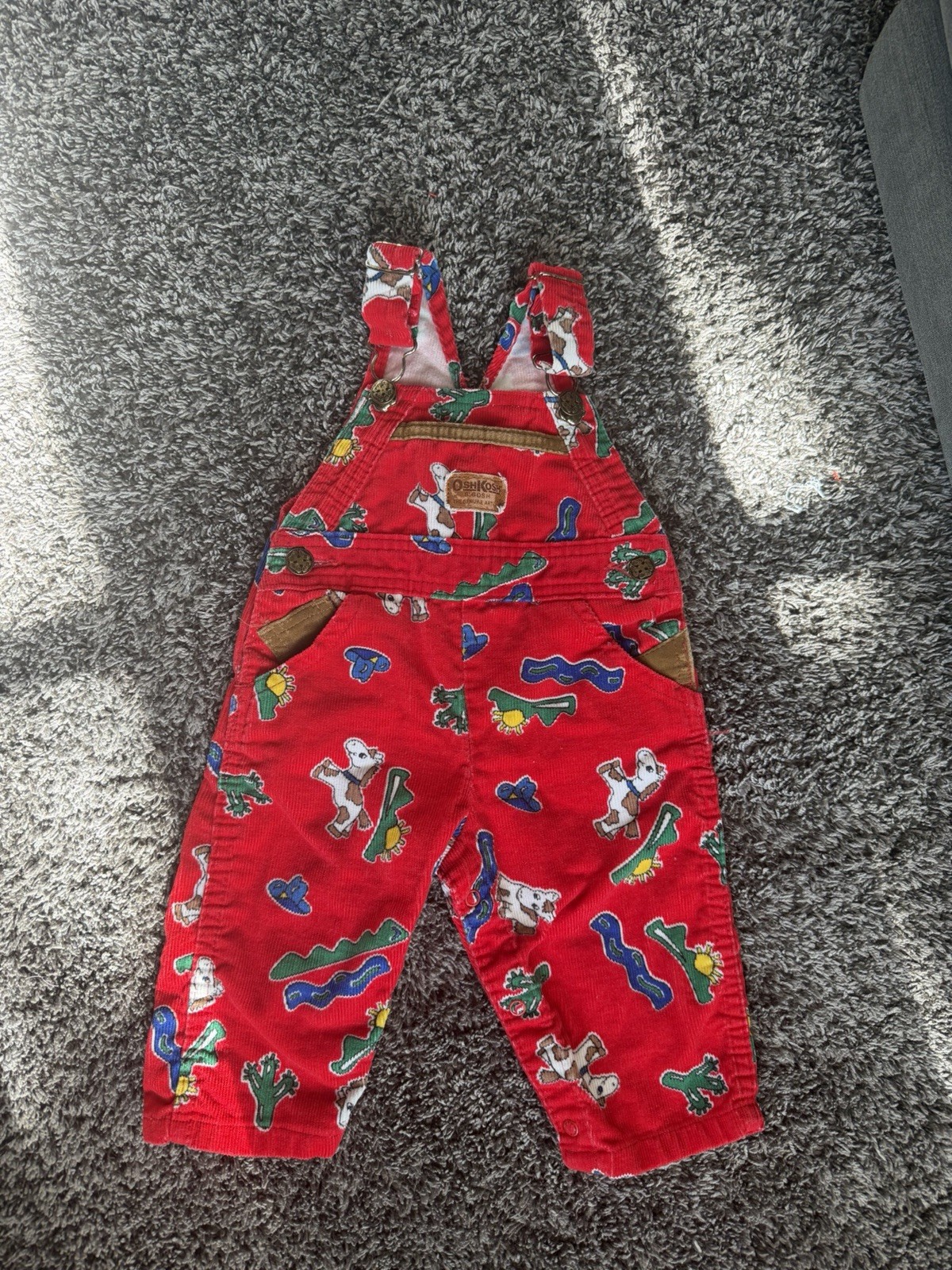 Vtg Oshkosh B’gosh Boy 6-9 Mo. Month Red Cord Horse Pony Western Overalls