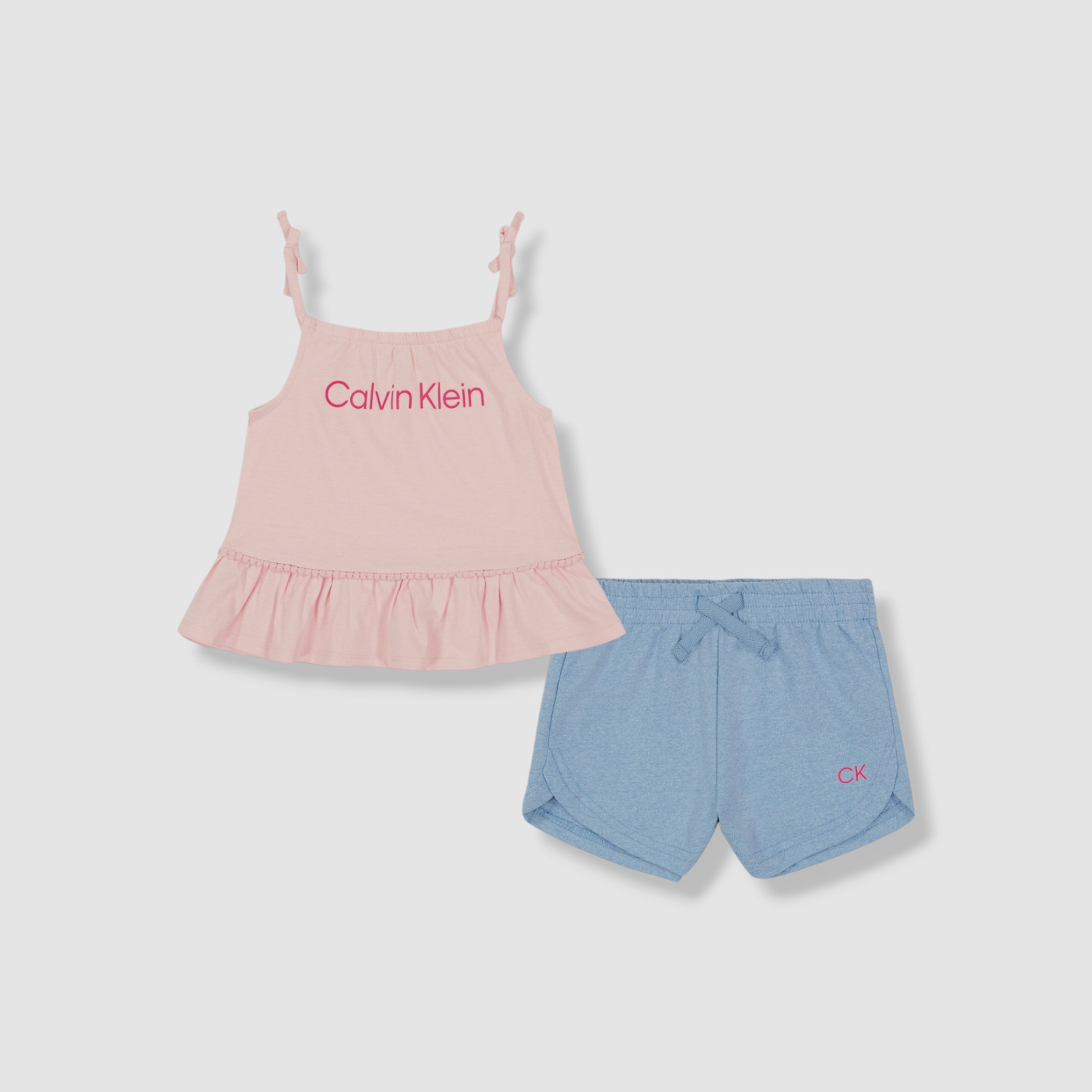 Calvin Klein Girl Pink Logo Baby Doll Top & Heather French Terry Shorts Sz 3T