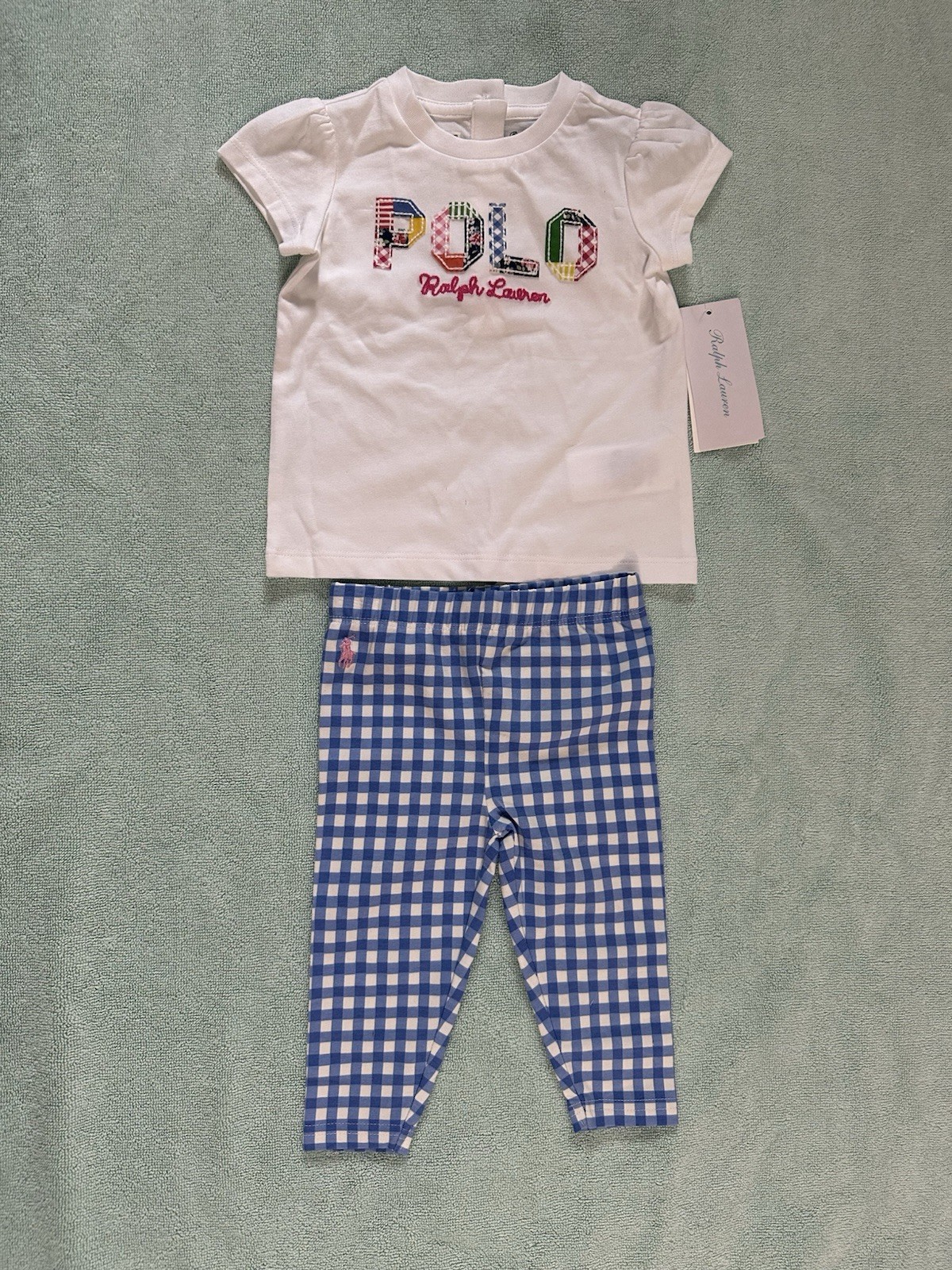 NWT Polo Ralph Lauren Baby Girl Logo Jersey T-Shirt and Gingham Leggings Set 9M