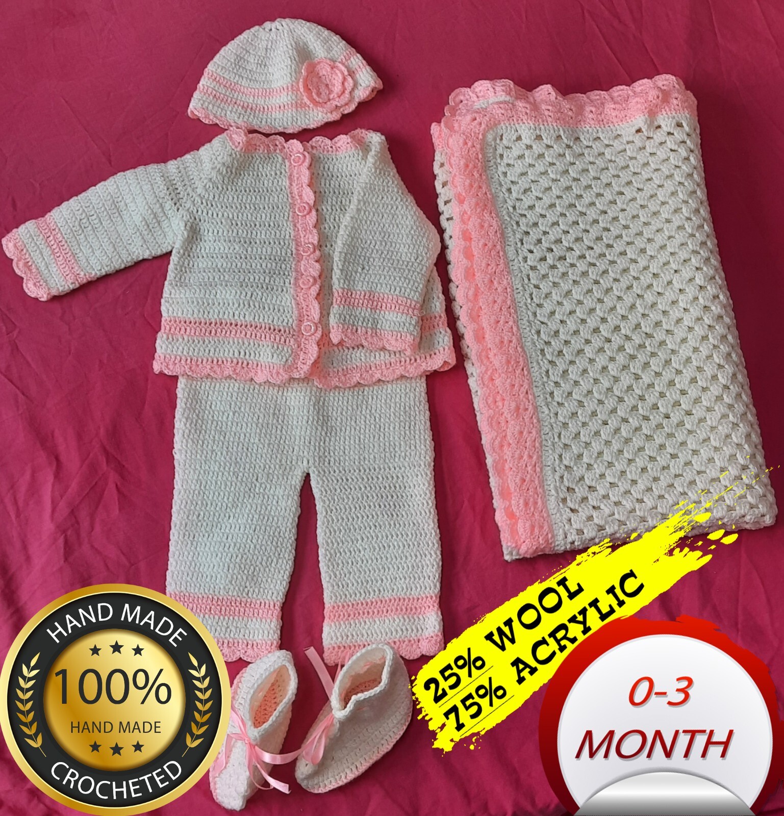 CROCHET HANDMADE NEWBORN 0-3 MONTH, BLANKET SET AND BEANIE HAT FOR BABY GIRL