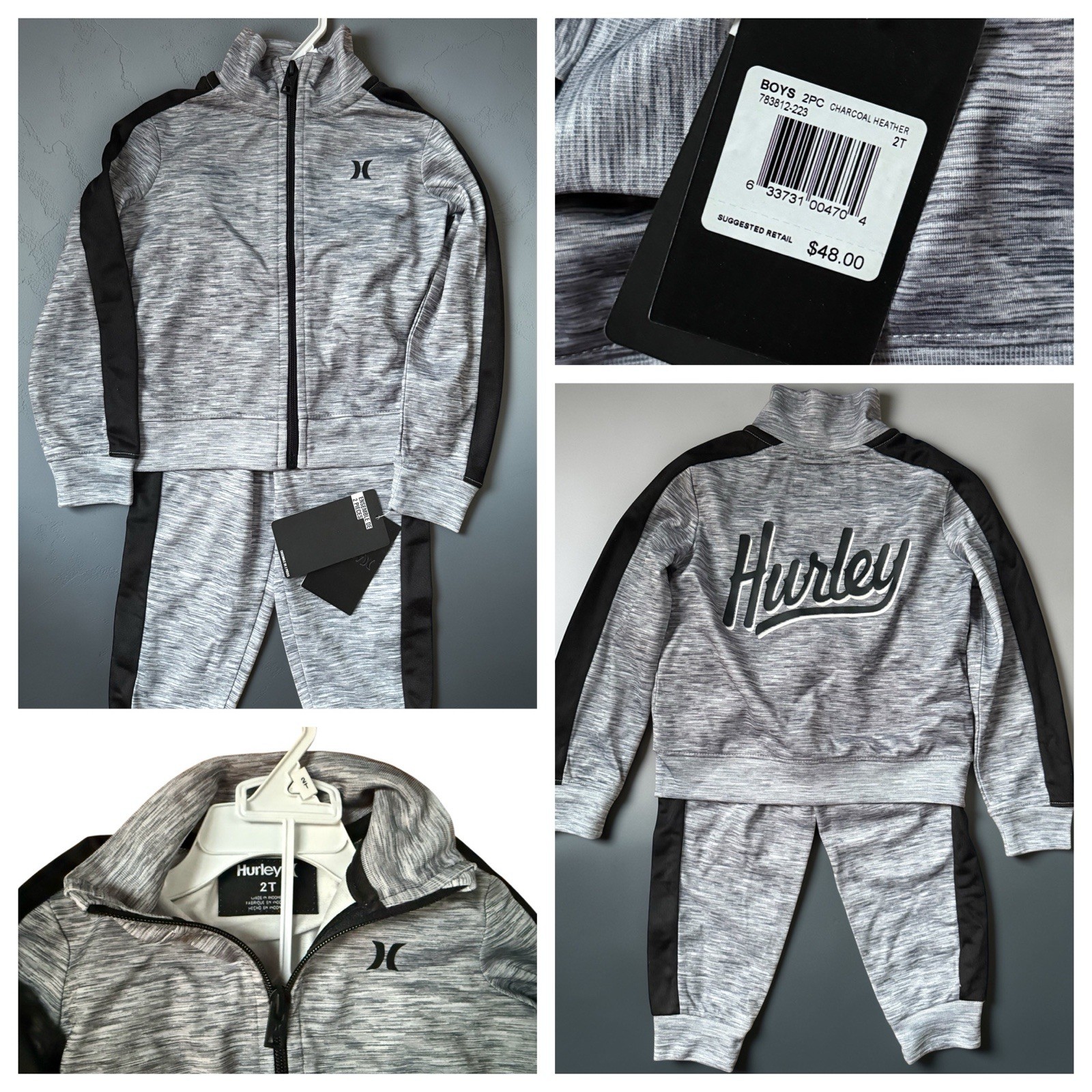 NWT Boys Hurley Toddler 2T 2 Piece Track Suit Jacket Pants Zip Front Gray Black