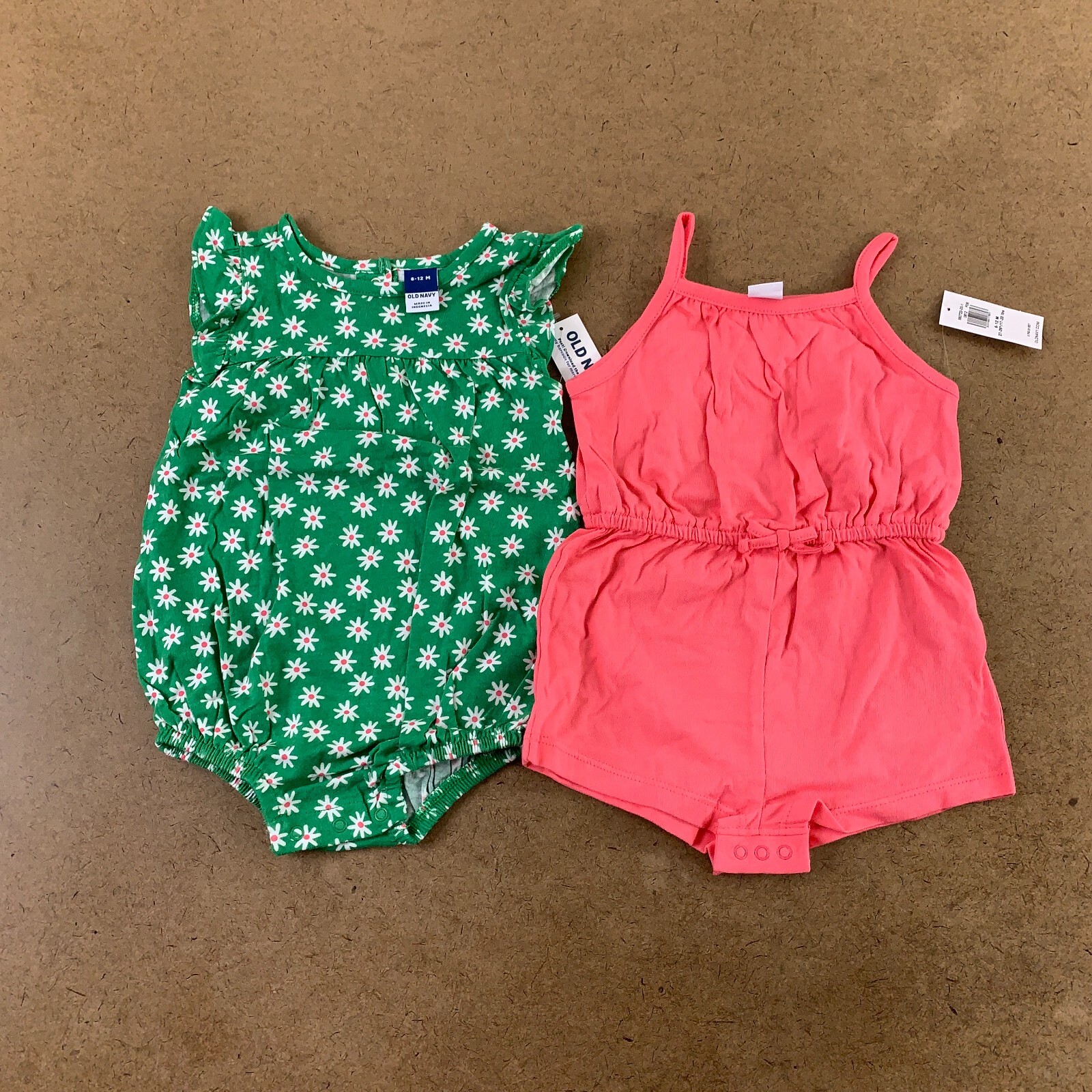 Old Navy Baby Girl Size 6-12 Months Green Pink 2-Pack Jersey-Knit Romper NWT