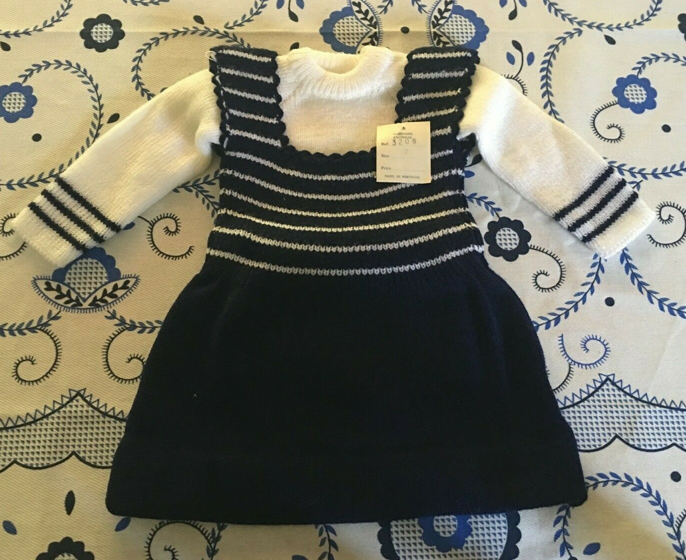 2 PC HANDMADE CROCHET KNIT BABY Stripped Blue & White Dress * Portugal * Size 2