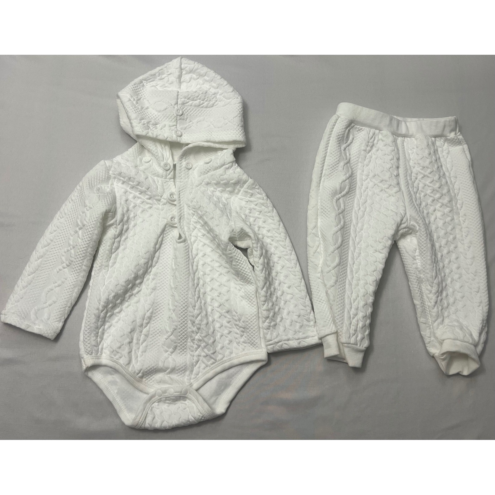 Baby 2 Piece Cable Knit Hooded Bodysuit Pants Set White 9-12 Months Unisex