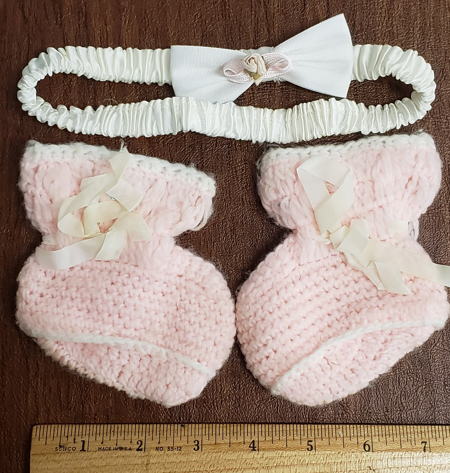 Vintage Crochet/Knit Baby Booties And Headband Bow
