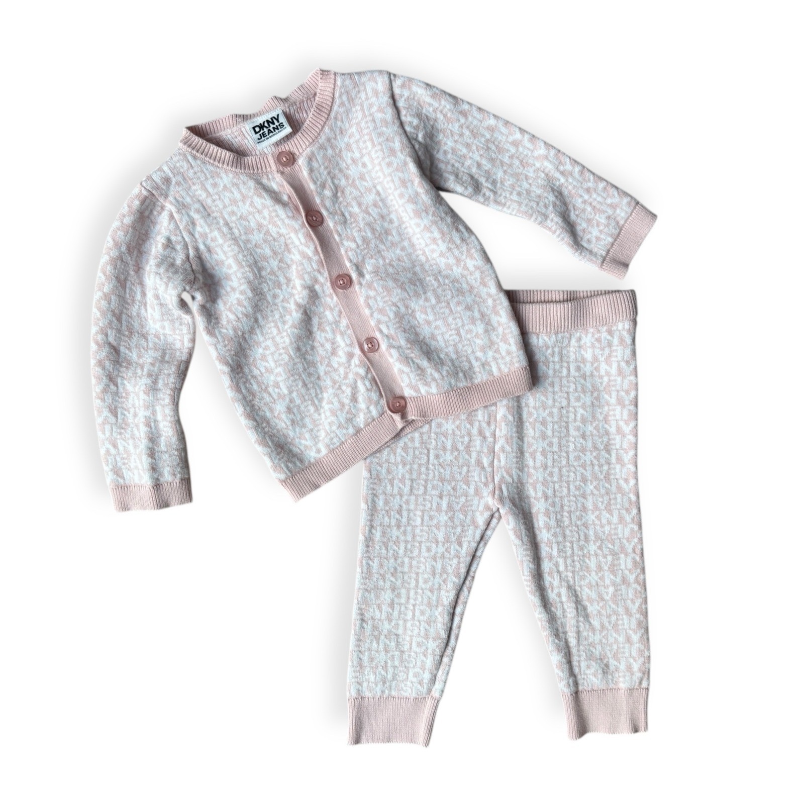 DKNY Baby Girls Sweater Cardigan Pants Set Pink Logo Print Size 9-12 Months
