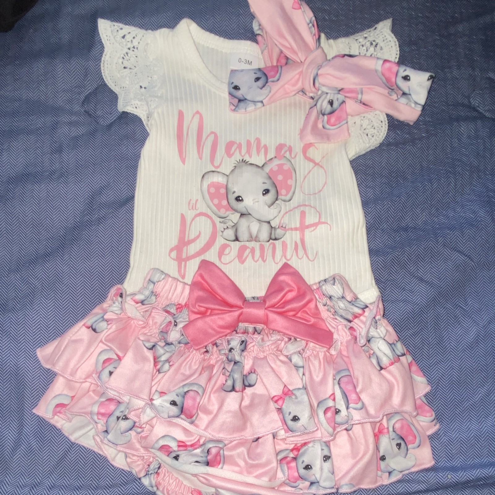 Girls 0-3M 3pc Elephant Bodysuit Shorts Headband Set Pink/White Bow Ruffle