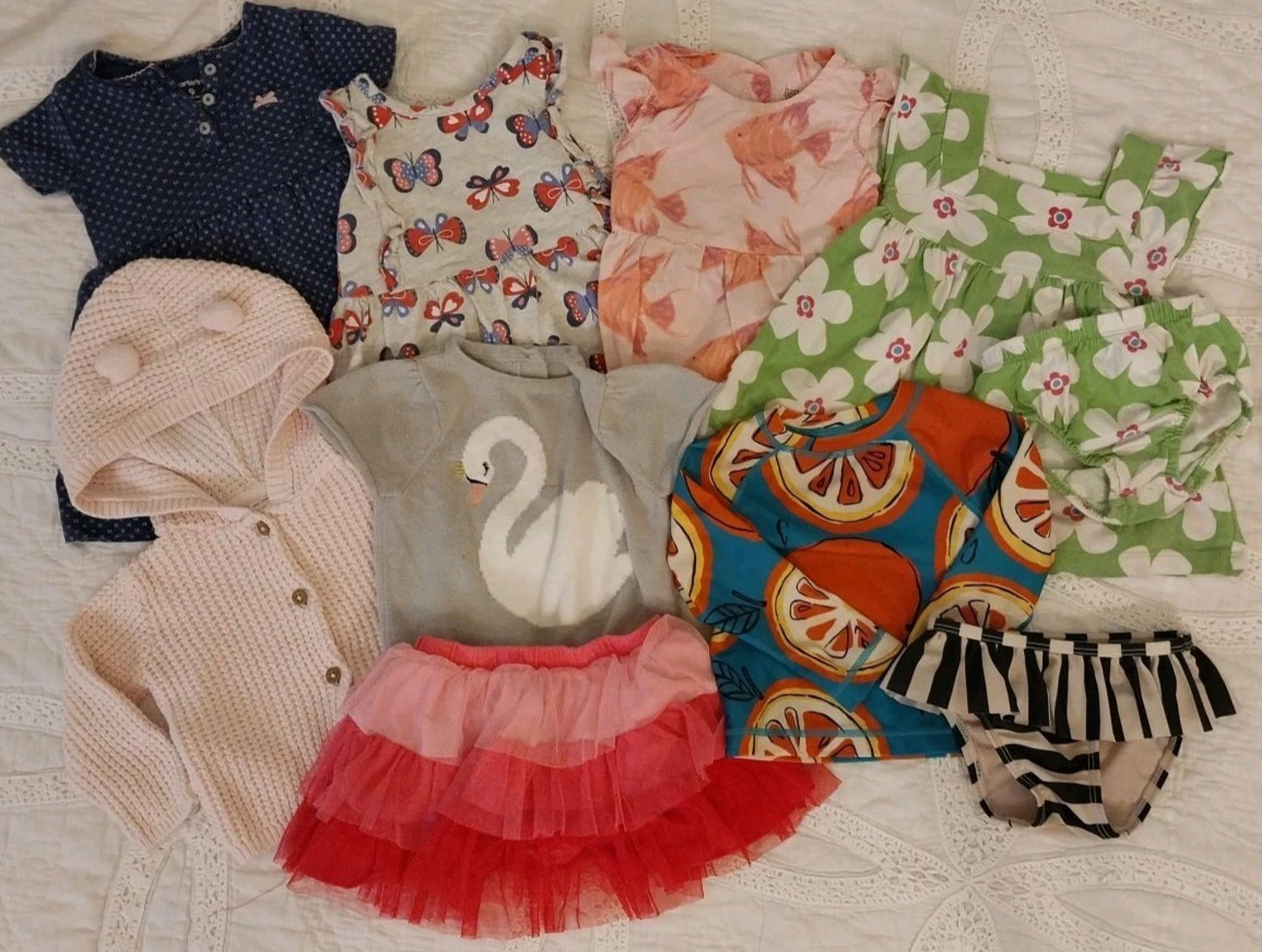 Lot 10Pc Baby Girl 9mo Clothes Tutu Swimsuit Dresses Romper “Bear”Sweater Summer