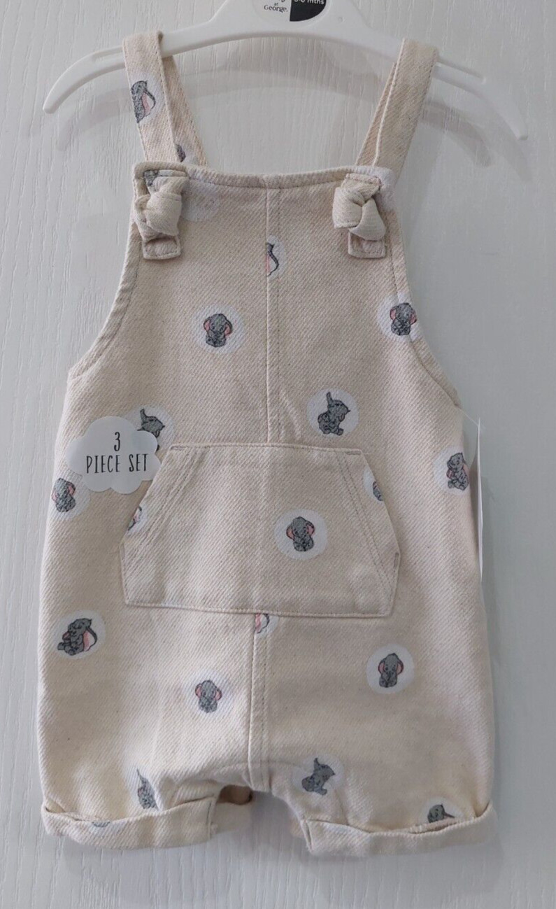 Disney Baby Boys 3-6 Months Dumbo Cream Character Dungarees Bodysuit Hat 3pc Set