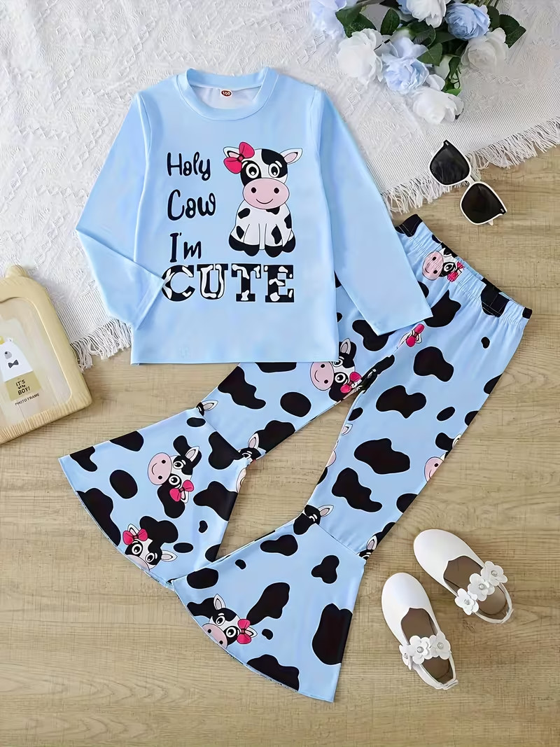 Girl’s 2pcs “Holy Cow I’m Cute” Round Neck Top and Bell Bottom Pants Age 5-6