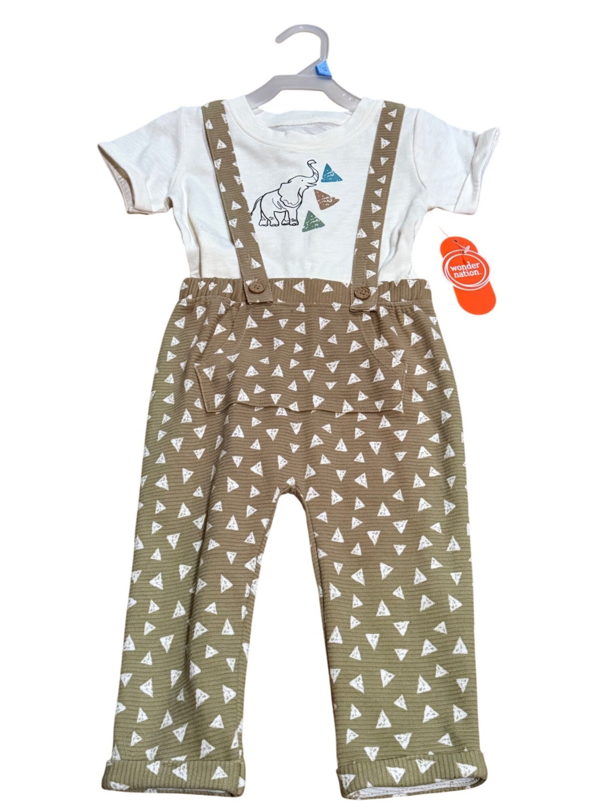 NWT Wonder Nation Baby Boys 24M Set Outfit Elephant Shirt & AOP Suspender Pants