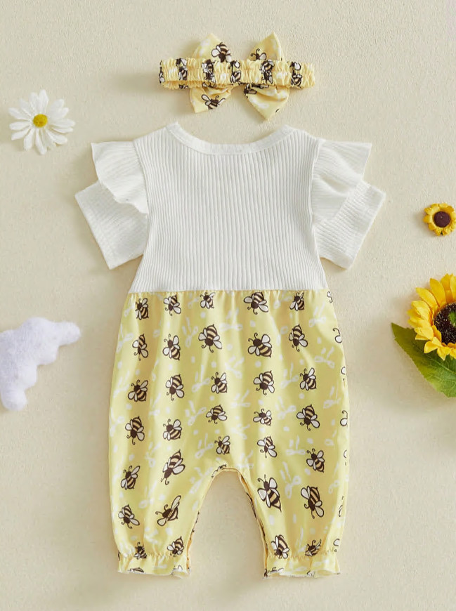 Newborn Baby Girl Outfit Long Sleeve Bee Print Jumpsuit+Bow knot Headband