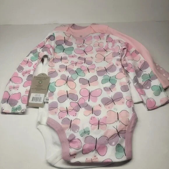 Honest baby long sleeve butterfly body suit 6-9 month girl 4pc set, Nwt 4 pack