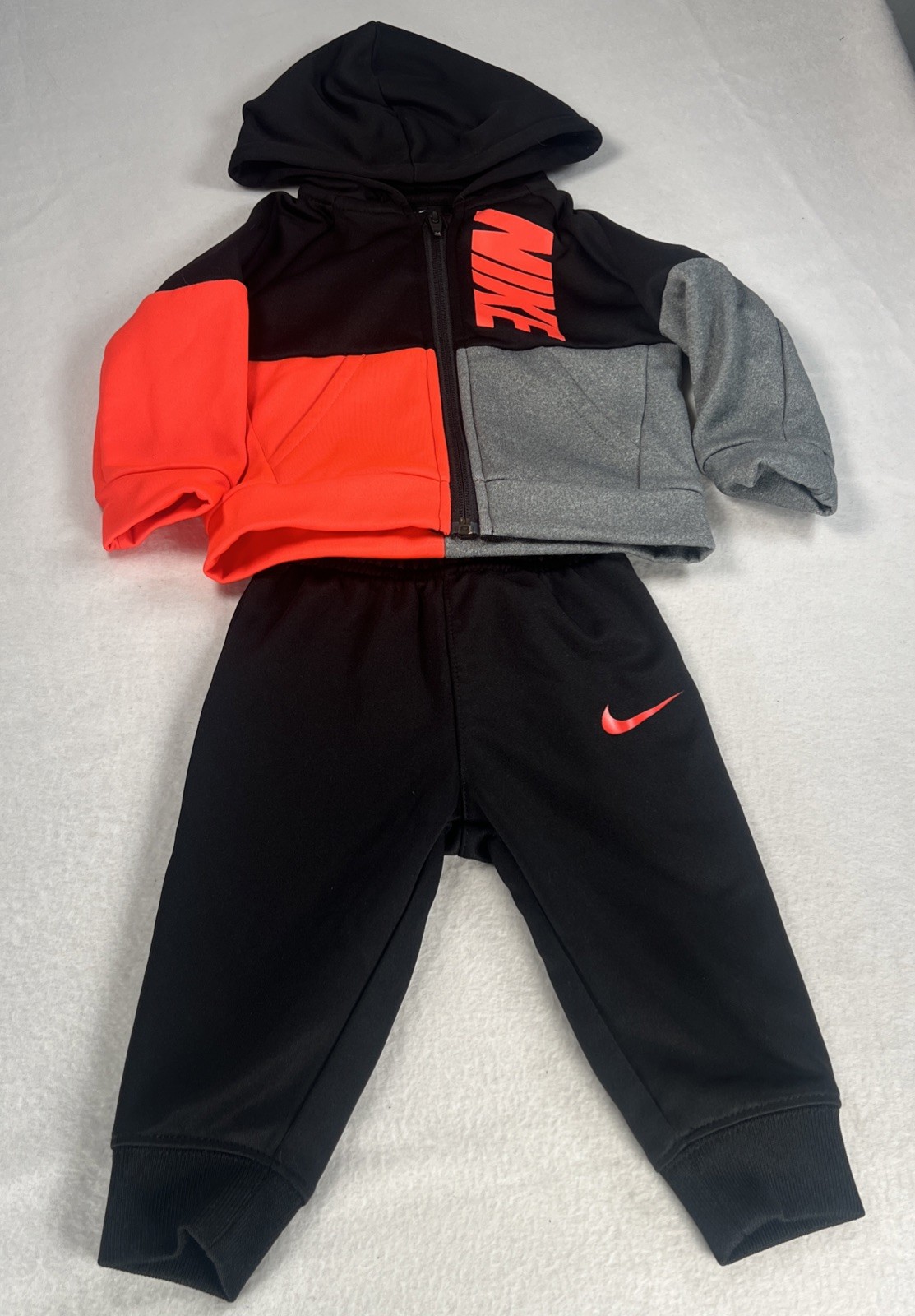 Nike: Hoodie/Long Sleeve Shirt & Sweat Pants Outfit Black Grey Orange 12 Months