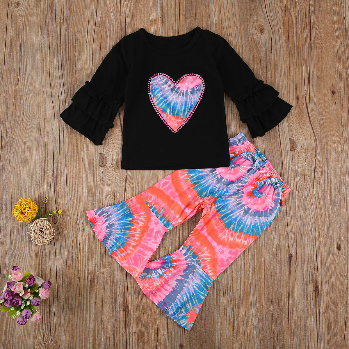 NEW Tie Dye Heart Girls Ruffle Sleeve Bell Bottoms Valentine’s Day Outfit Set