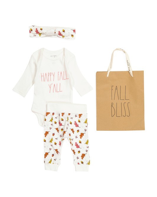 RAE DUNN Newborn 2pc Happy Fall Bodysuit Pant Set Headband And Gift Bag 0/3M