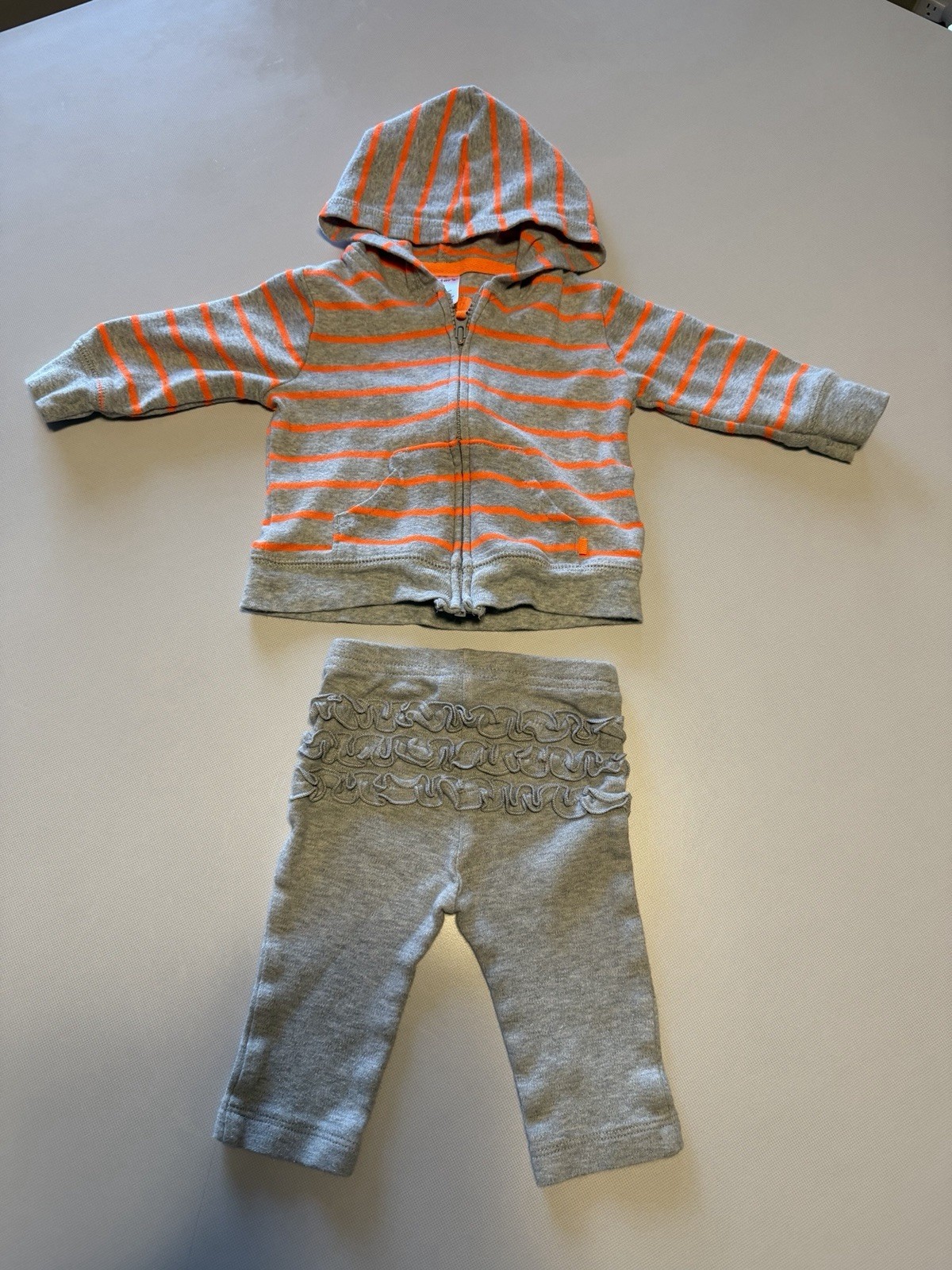 Carter’s 2 Piece Hooded Hoodie & Pants Set Gray Orange Stripe 3 Months
