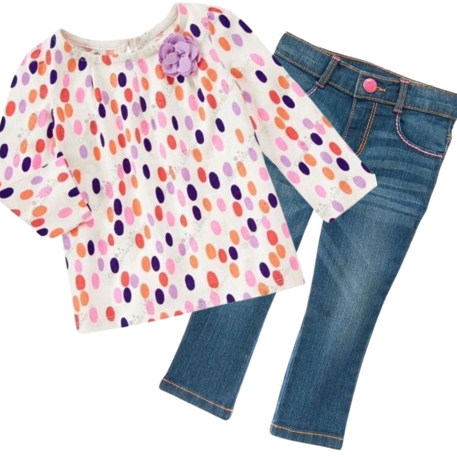 Gymboree 2T Fairy Tale Forest Flower Dot Top & Pink Stitched Denim Jean Set NWT