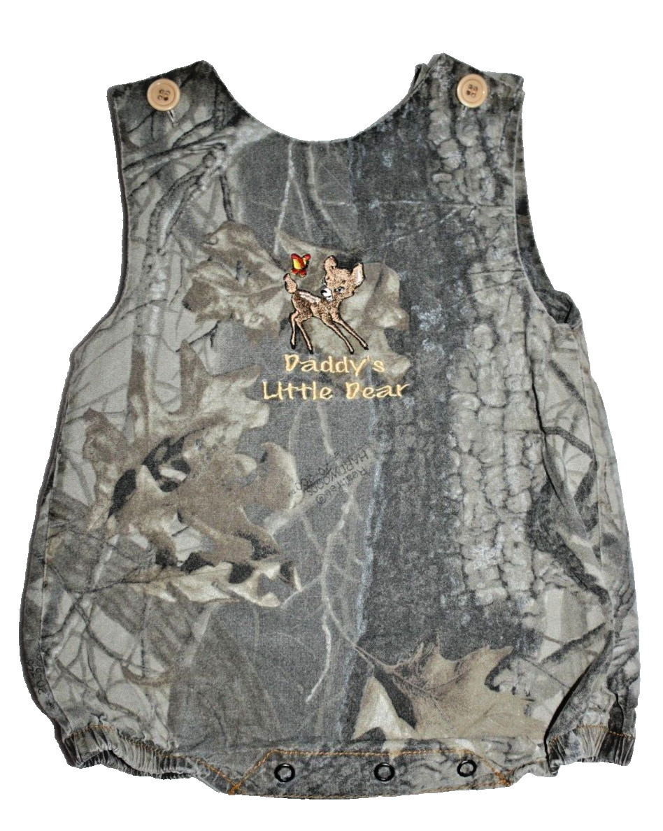 Blounts Outdoor Camo Overall Short 1 Pc.”Daddy’s Little Dear” embr. deer 24 mo