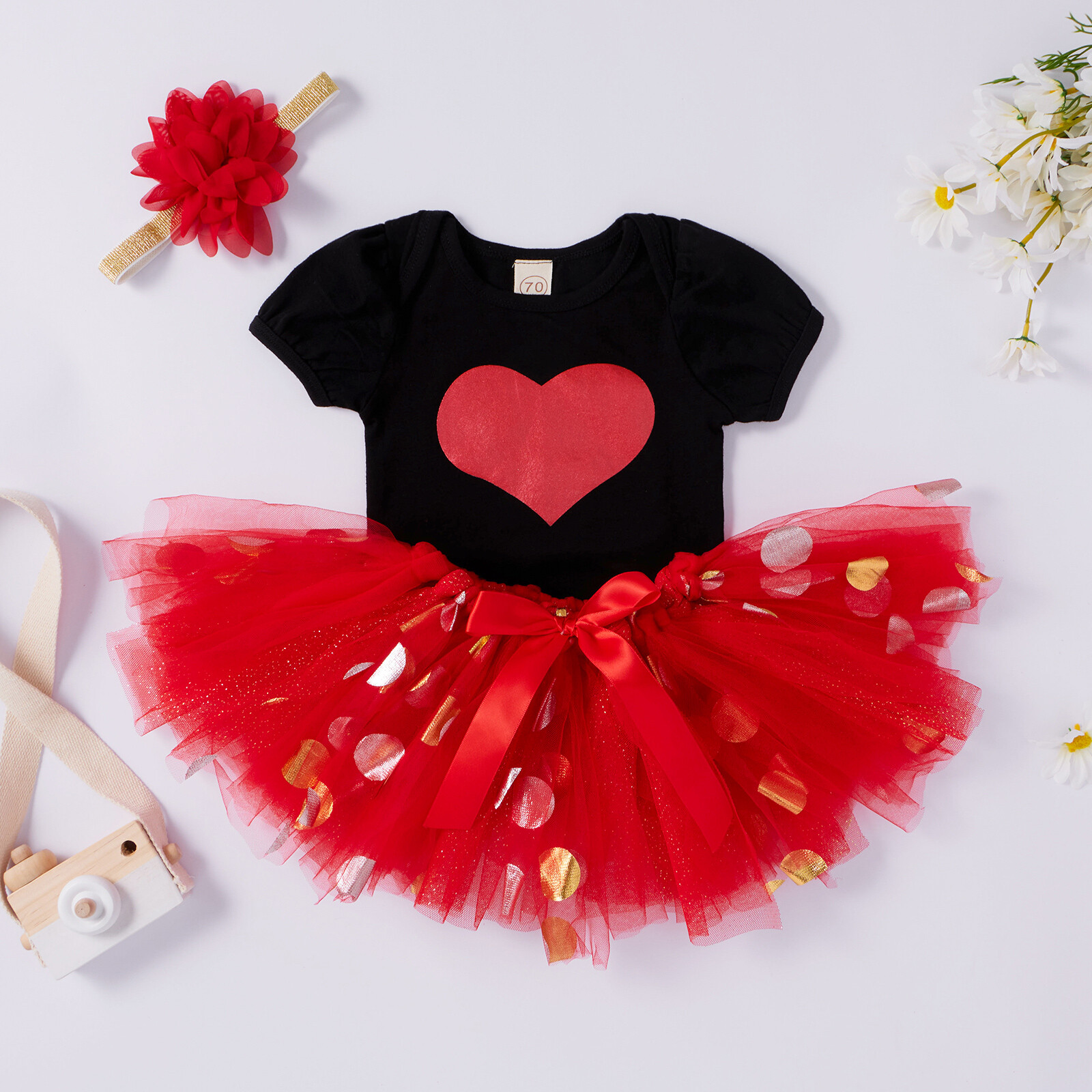 NEW Valentine’s Day Baby Girls Heart Bodysuit Tutu Skirt Headband Outfit Set