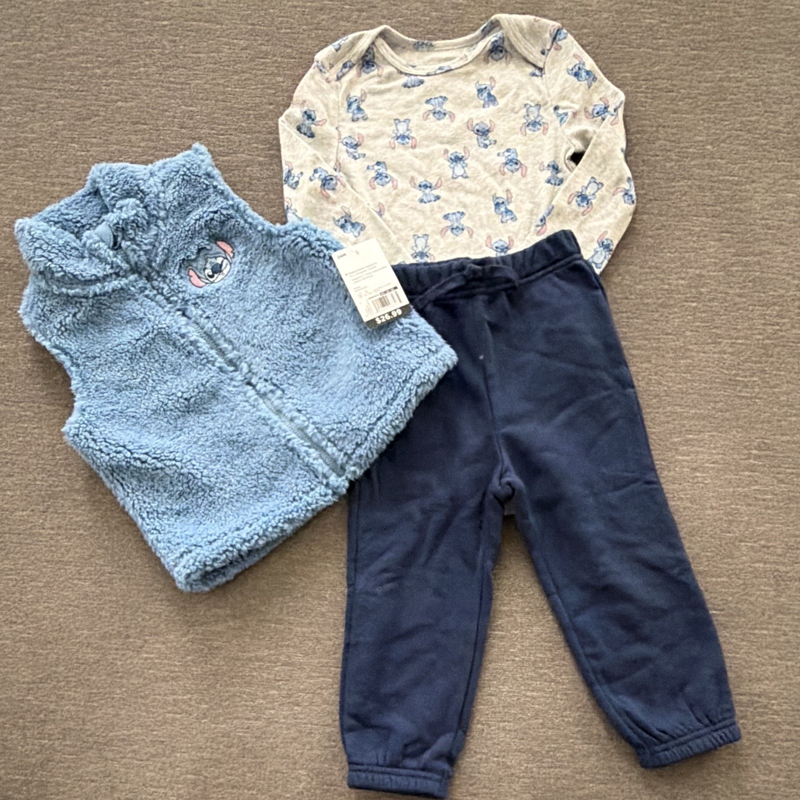 Disney Jumping Beans Stitch 3pc Pants Set Vest Bodysuit Pants 24M Zip