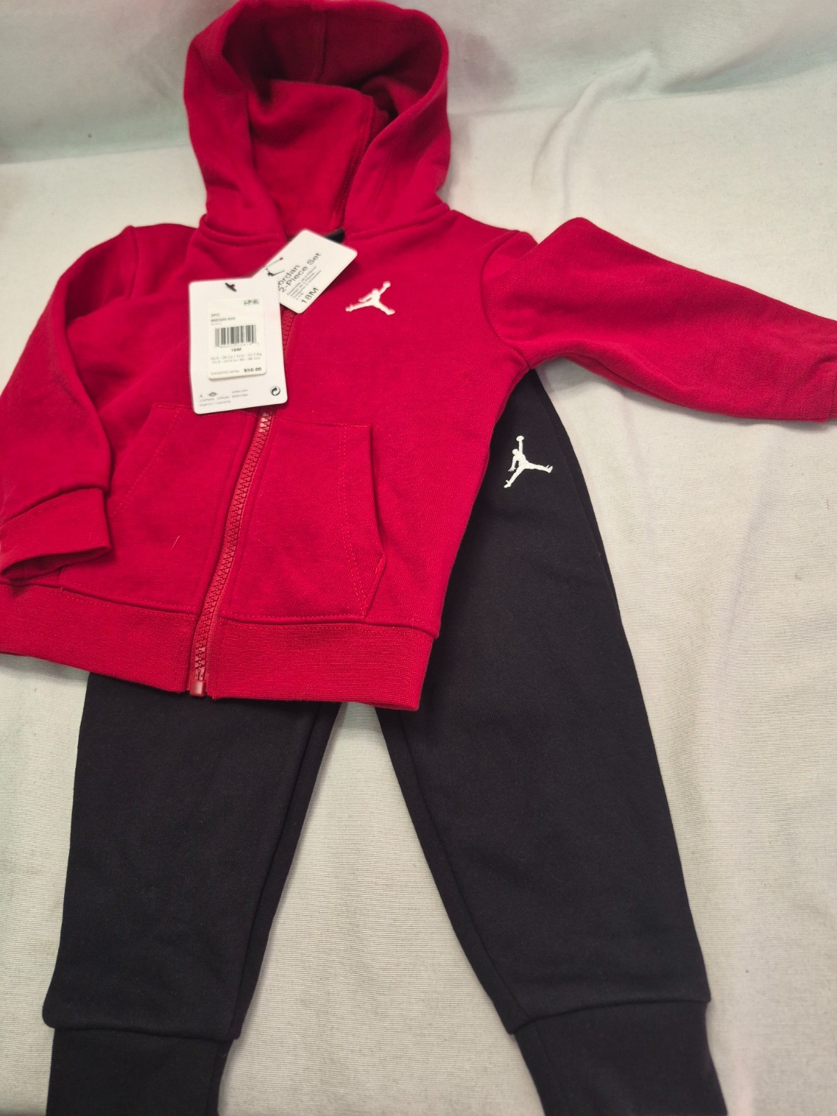 Jordan Baby 2-Piece Set Full-Zip Fleece Hoodie and Pants, Red/Blk, 18M, MSRP $50