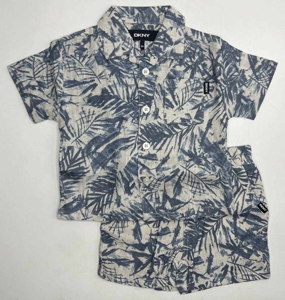 Boys Size 3M DKNY 2-Piece Short Set Button-Down Shirt Blue Hawaiian Shirt