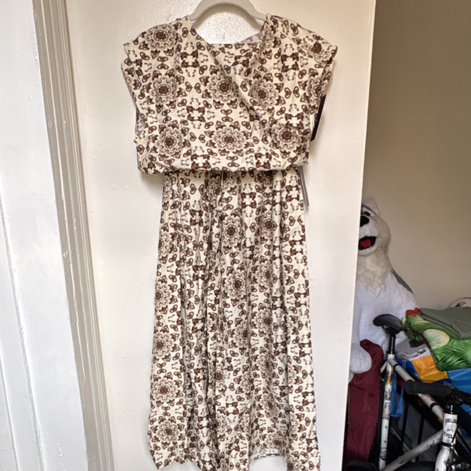 White Brown Paisley Tie Front Bow Maxi Dress Round Neck Sleeveless Long S Women