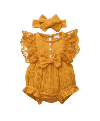 Infant Baby Girl Lace Flared Sleeve Bodysuit and Headband Summer Romper Set