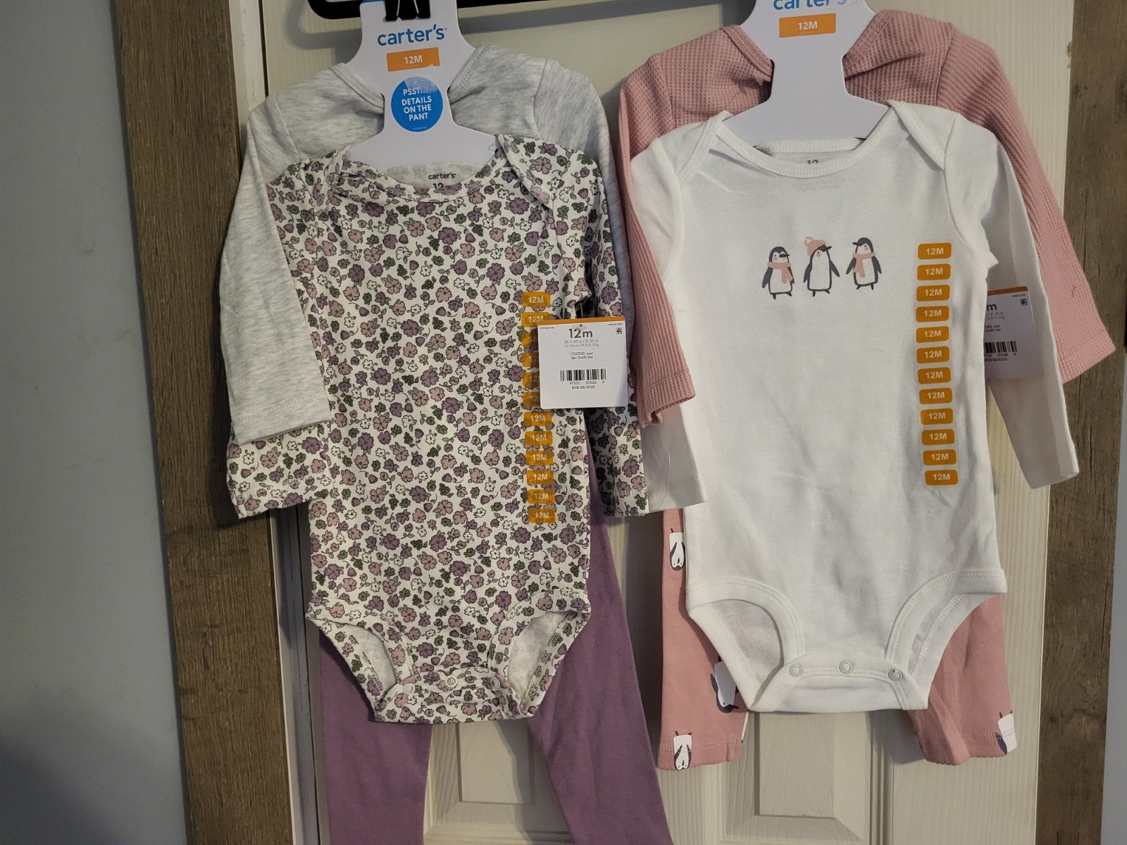 Lot 2 Carters Brand 3 Peice Outfit Set. Size 12 Mo Pengiuns & Floral As Pictured