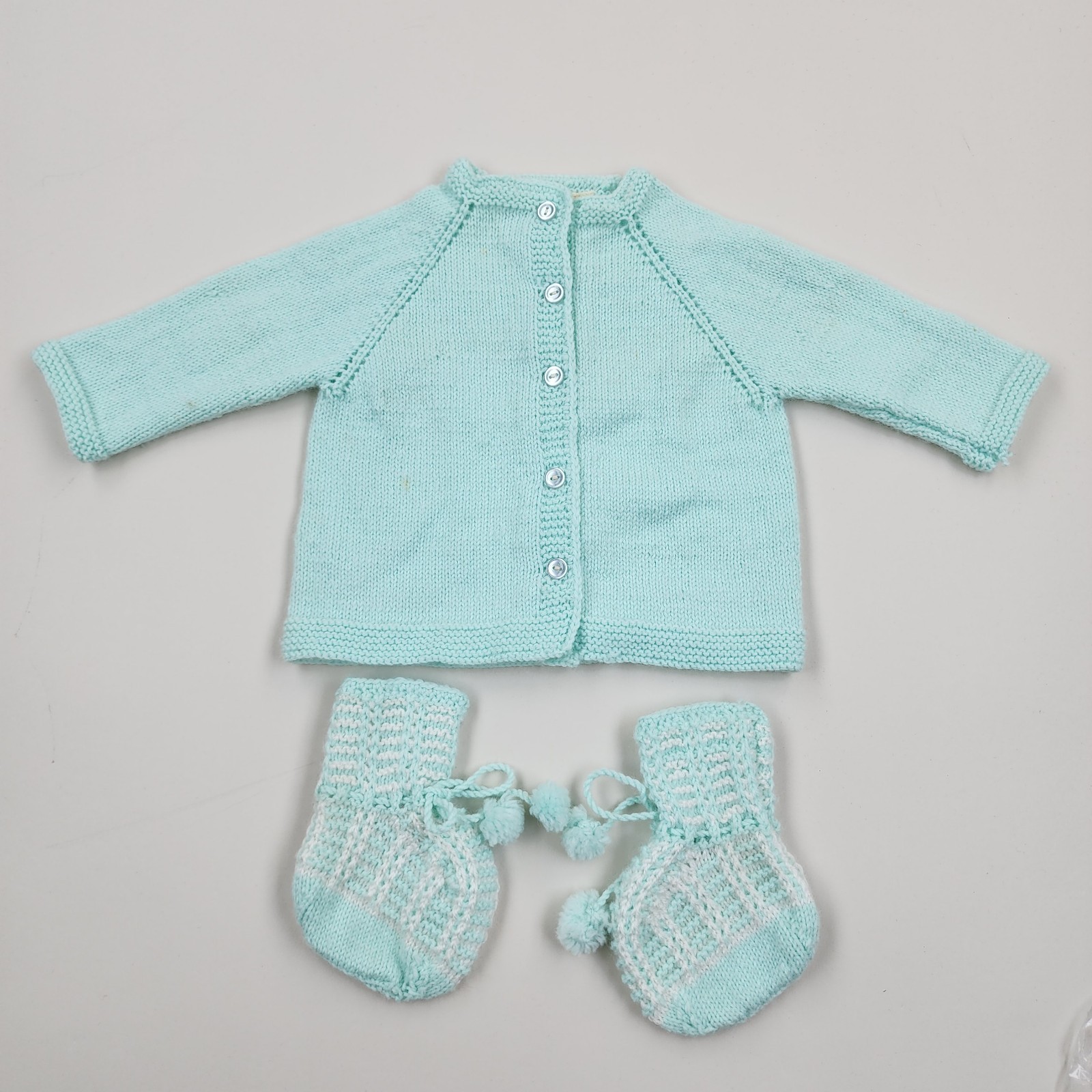 Vintage 1960s Hand Knit Baby Cardigan Set Blue Sweater & Booties 0-6 Months