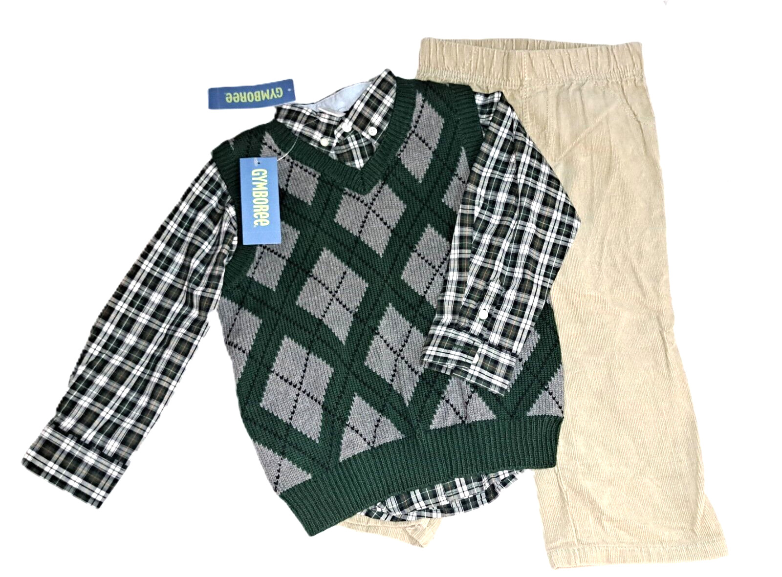 Boys GYMBOREE sweater vest plaid shirt CARTER’S pants 3T green khaki outfit